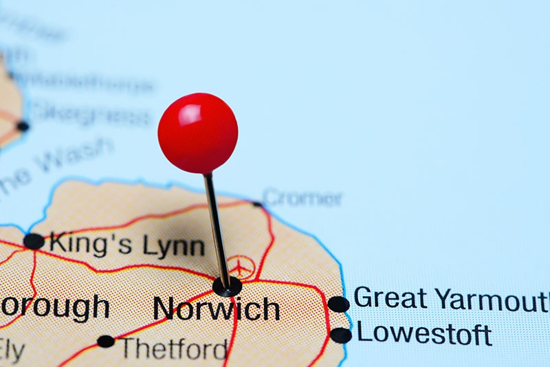 A map of Norfolk with a pin on Norwich.